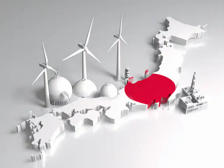 日本列島と風力発電や工場などのエネルギー施設が配置された3Dイメージ。日本列島の中央部が赤くハイライトされている画像