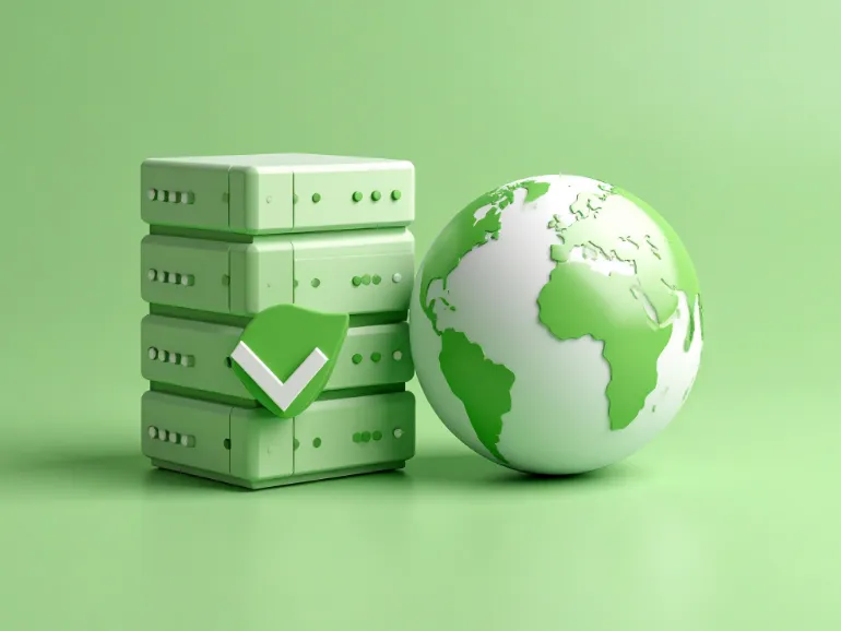 グリーンホスティングイメージ 緑色のホスティング機器と地球