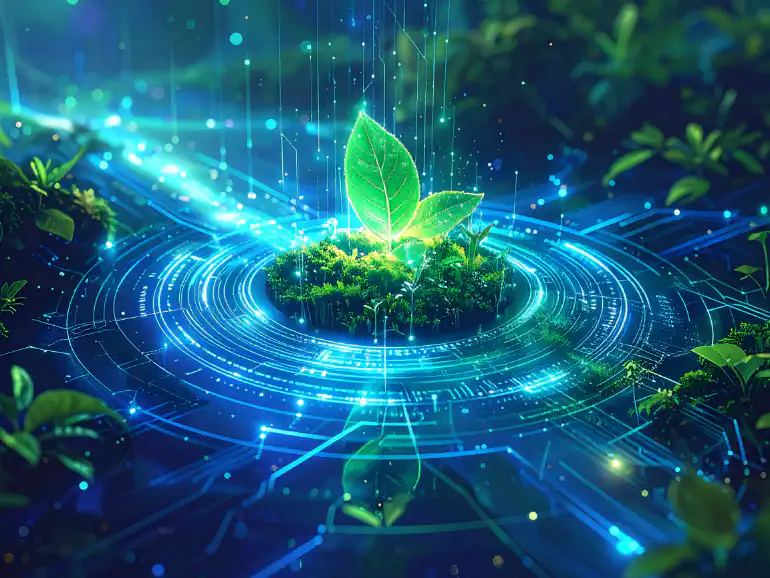 デジタルネットワークを象徴する青と緑の光に包まれた若葉のイラスト。自然とテクノロジーが融合し、環境配慮とデジタル領域の調和を表現している。